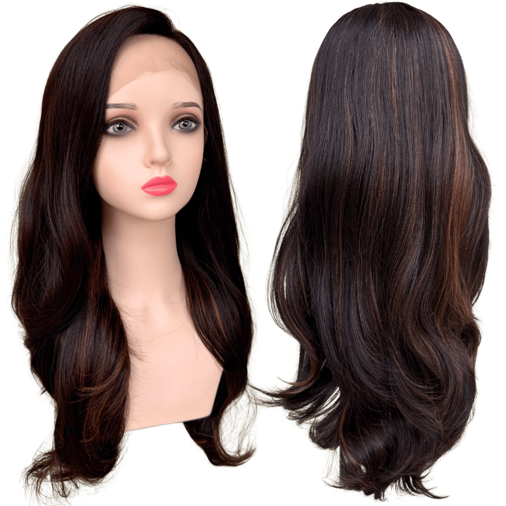 Peruca front lace castanho escuro com mechas fibra orgânica