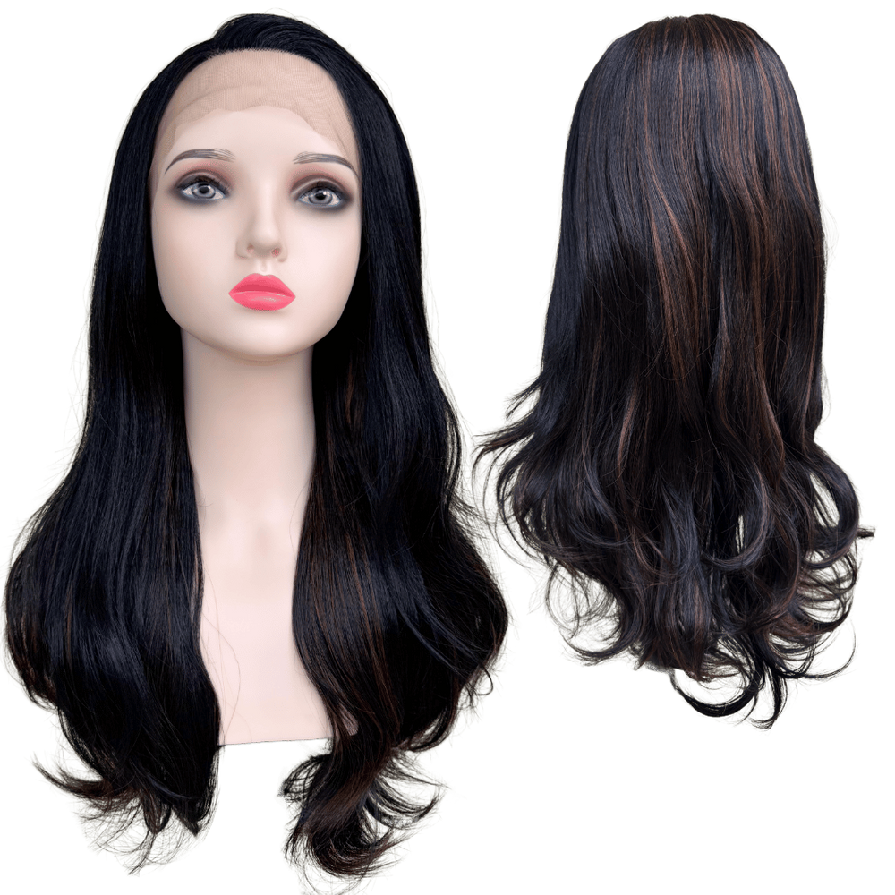 Peruca front lace preta natural orgânica com mechas escuras