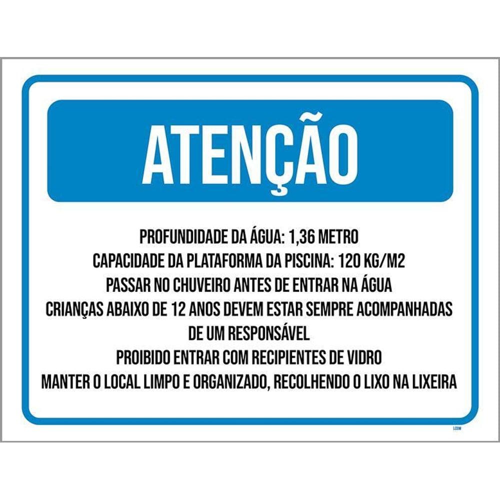 Placa Sinalização - Atenção Piscina Usar Lixeira 36X46