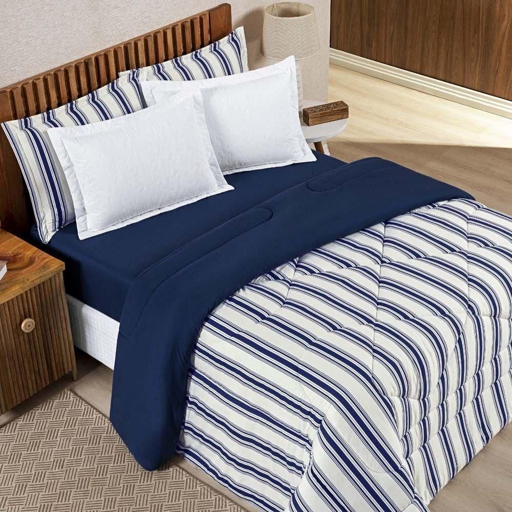 Edredom Cobertor Daily Queen Malha Listrado Dupla Face Fio Penteado - Azul Marinho