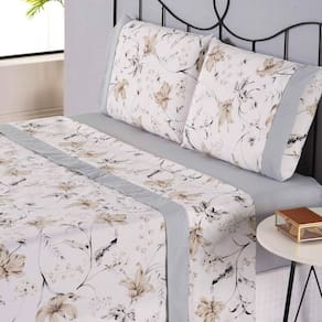 Jogo De Lençol Naturale Estampado Queen 4 Peças Ponto Palito Percal 180 Fios - Cinza Floral