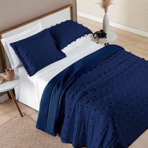 Kit Cobre Leito Colcha Sofist Padrão 3 Peças Micropercal 300 Fios Azul Marinho