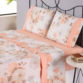 Jogo De Lençol Naturale Estampado Queen 4 Peças Ponto Palito Percal 180 Fios - Salmão Floral