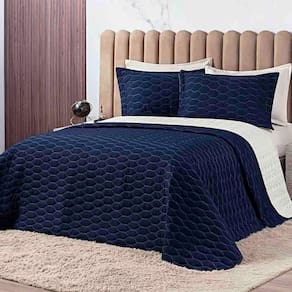 Kit Cobre Leito Colcha Jade King 03 Peças Micropercal 200 Fios Matelado Clean - Azul Marinho