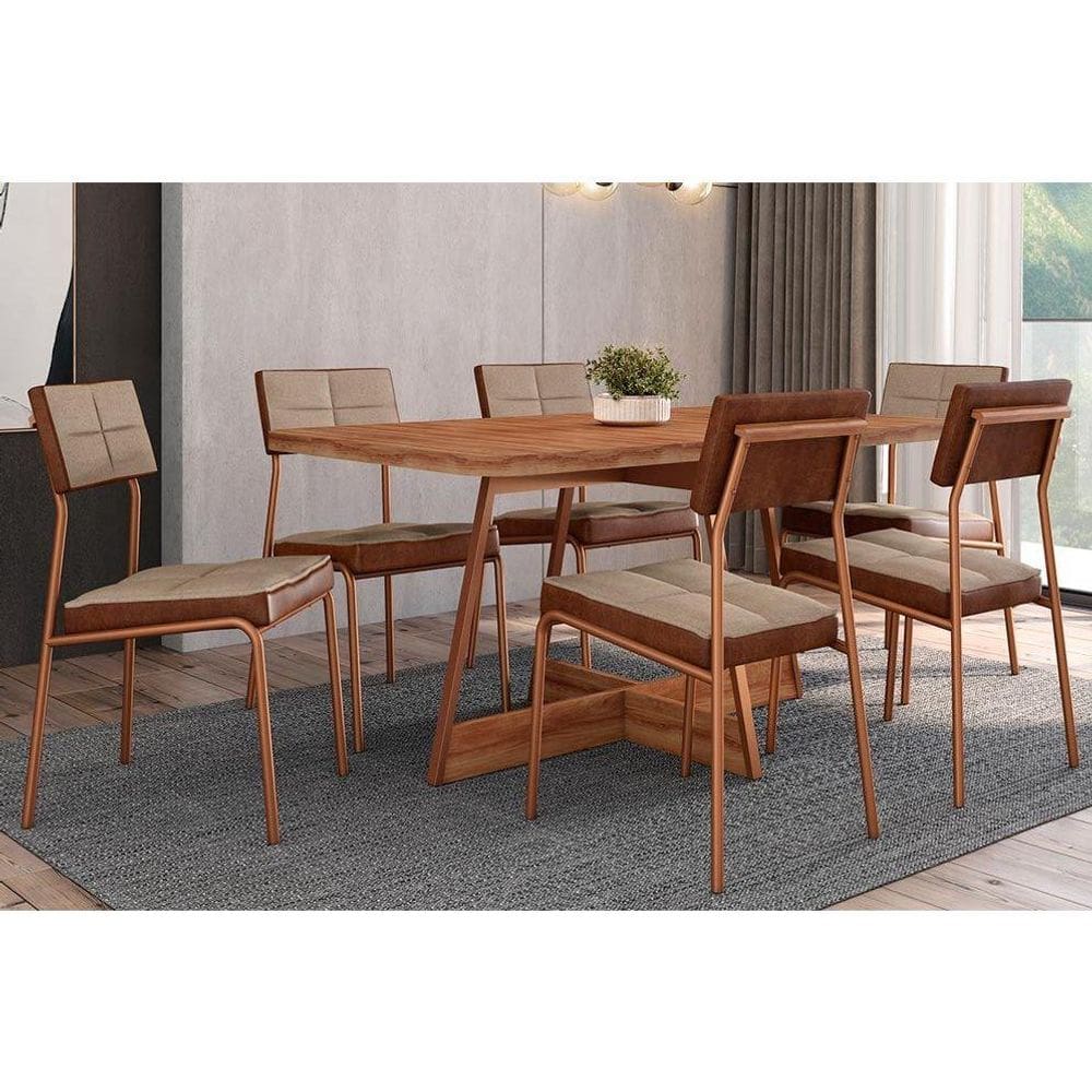 Sala de Jantar Completa Átria 1592 Aço c/ Tampo Madeirado 160x90cm e 6 Cadeiras Neo Rose/Freijo/Nogal - Rose/Areia - Caramelo - Carraro