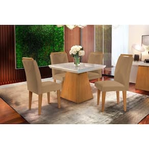 Sala de Jantar Completa Luna c/ Tampo Madeirado Vidro Canto Curvo 90x90cm e 4 cadeiras Amsterdã Imbuia/Off White - Suede Capuccino - Rufato