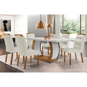 Sala de Jantar Completa Jade Tampo Madeirado c/ Vidro Canto Curvo 180x90 e 6 Cadeiras Imperatriz Imbuia/Off White - Suede Creme - Rufato