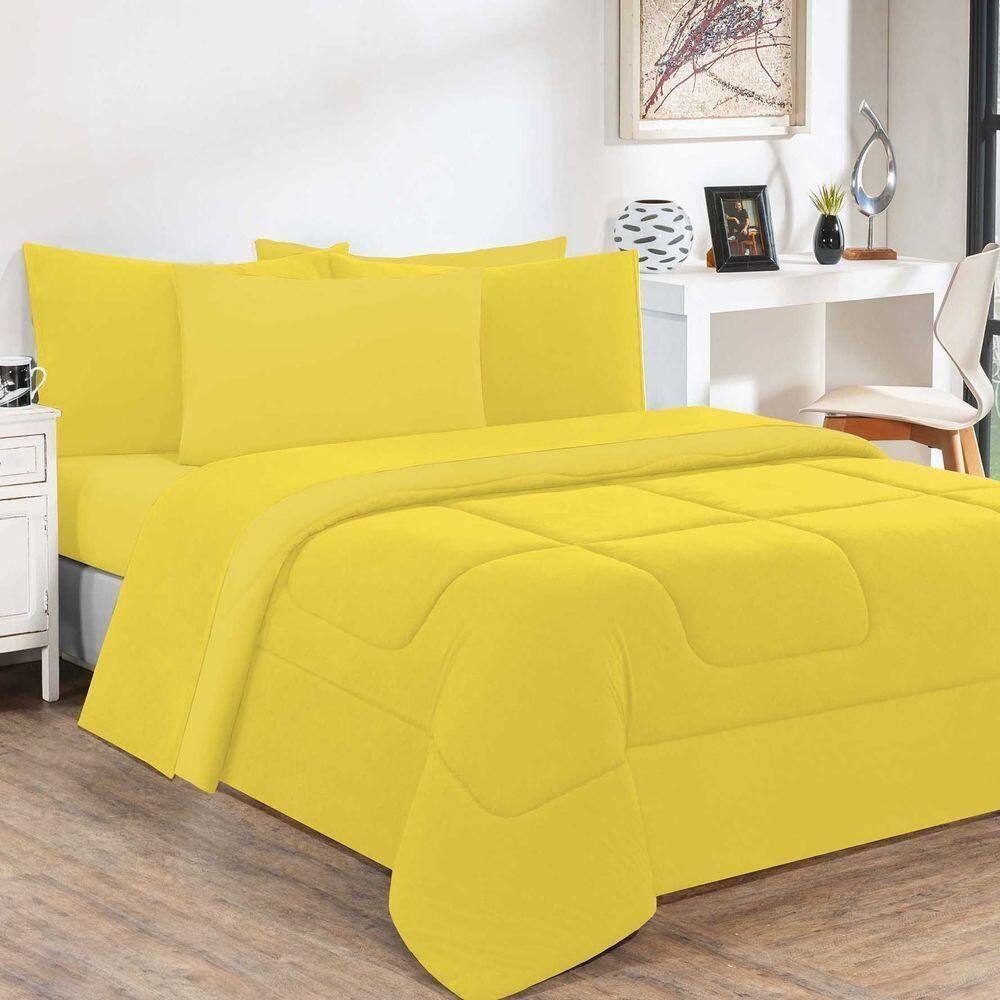 Kit Edredom + Jogo De Lençol 100% Algodão Gran Moratta 7 Peças Queen Amarelo-amarelo