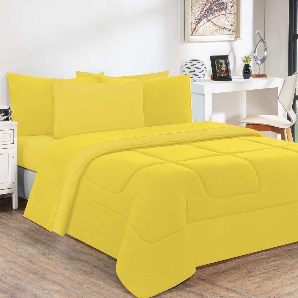 Kit Edredom + Jogo De Lençol Malha 100% Algodão Gran Moratta 4 Peças Solteiro - Amarelo-amarelo