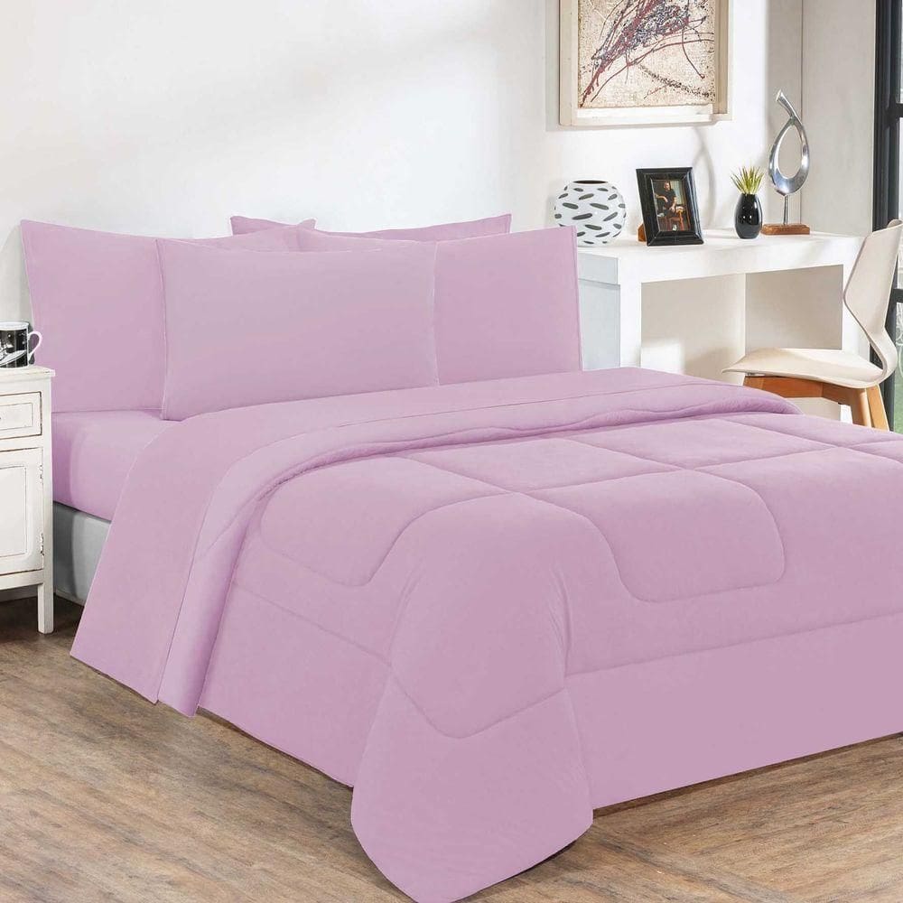 Kit Edredom + Jogo De Lençol Malha 100% Algodão Gran Moratta 5 Peças Solteiro - Rosa Bebê-rosa Bebê