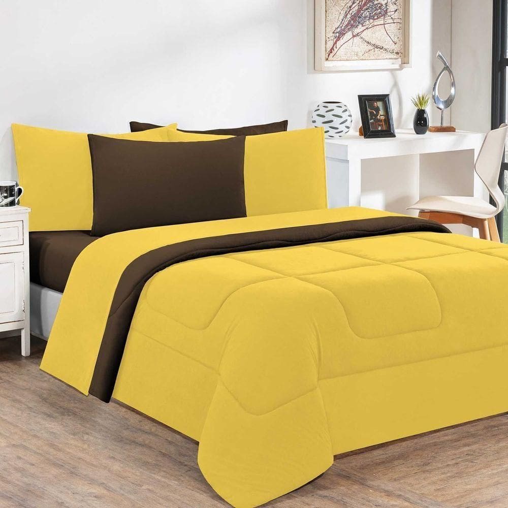 Kit Edredom + Jogo De Lençol Malha 100% Algodão Gran Moratta 7 Peças King - Amarelo-marrom