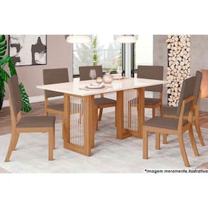 Sala de Jantar Completa Yara c/ Tampo Madeirado c/ Vidro Reto 160x90cm e 6 Cadeiras Milla Nature/Suede Light Marrom Amendoa - Henn
