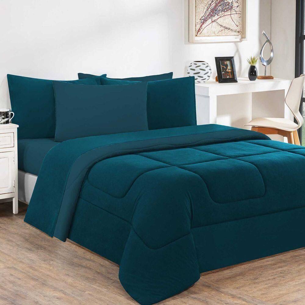 Kit Edredom + Jogo De Lençol Malha 100% Algodão Gran Moratta 7 Peças King - Azul Petróleo-azul Petróleo