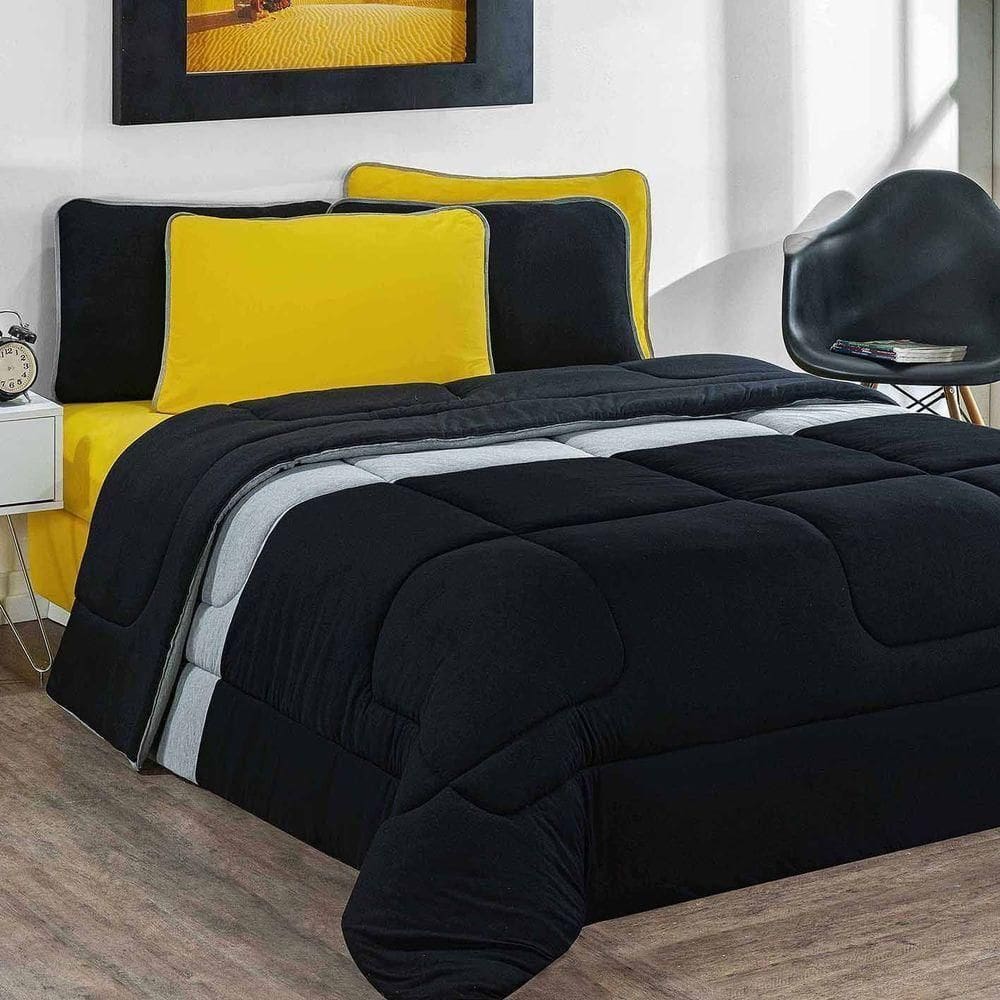 Kit Edredom + Jogo De Lençol Malha 100% Algodão Urbano 5 Peças Solteiro - Preto-mescla-amarelo