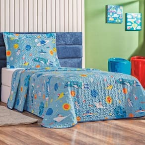 Colcha Cobre Leito Bouti Dupla Face Solteiro Infantil Kids 2 Peças - Astronauta