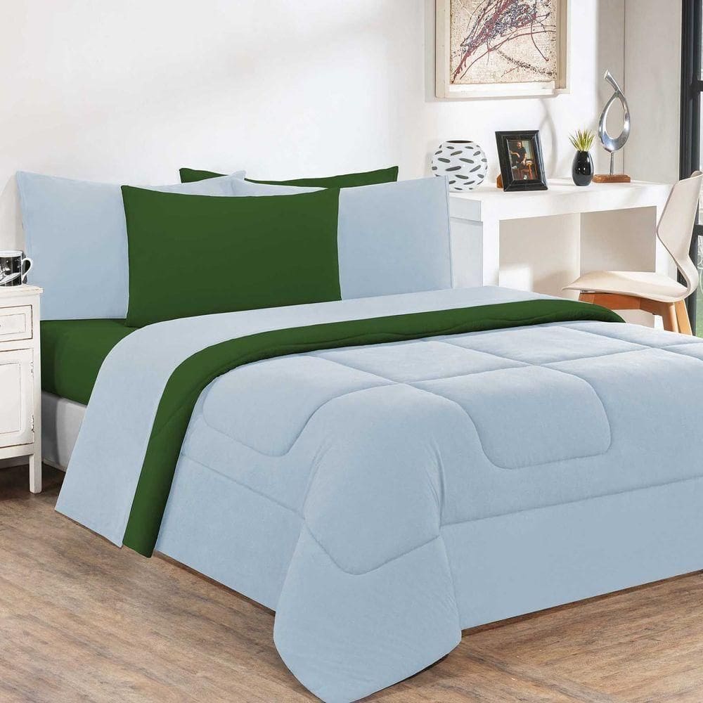 Kit Edredom + Jogo De Lençol Malha 100% Algodão Gran Moratta 7 Peças King - Azul Bebê-verde Bandeira