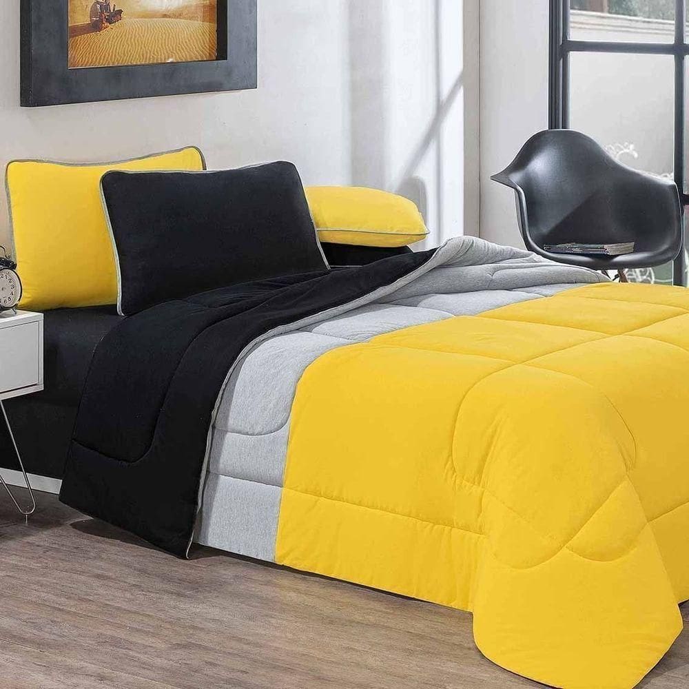 Kit Edredom + Jogo De Lençol Malha 100% Algodão Urbano 5 Peças Solteiro - Amarelo-mescla-preto