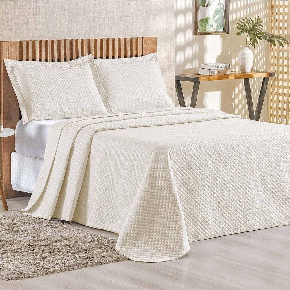 Cobre Leito Queen Bouti Mavie Geométrico 180 Fios 3 Peças - Marfim