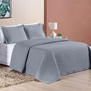 Cobre Leito Casal Padrão Ravena Bordado Micropercal 200 Fios 3 Peças - Cinza