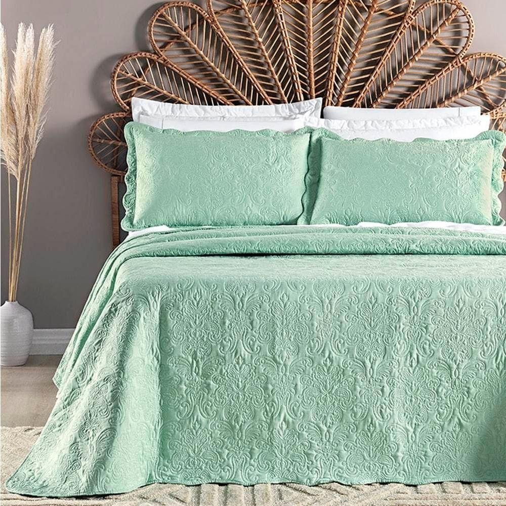 Colcha Casal Padrão Angele Dupla Face 200 Fios Bordado 3 Peças - Salvia