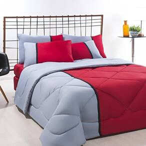 Enxoval Edredom + Jogo De Cama King Aconchego Premium 06 Peças - Vermelho- Cinza