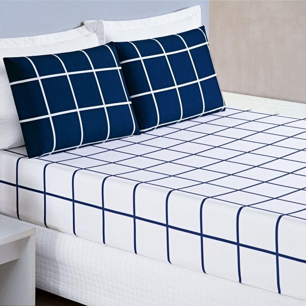 Jogo De Lençol King Austin Micropercal 200 Fios - 3 Peças Cor Xadrez Marinho