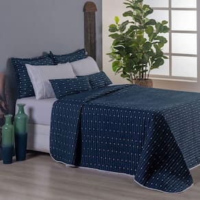 Kit Cobre Leito Casal Padrão 7 Peças Bordado Urbany 100% Poliéster Hipercal 400 Fios Azul Marinho