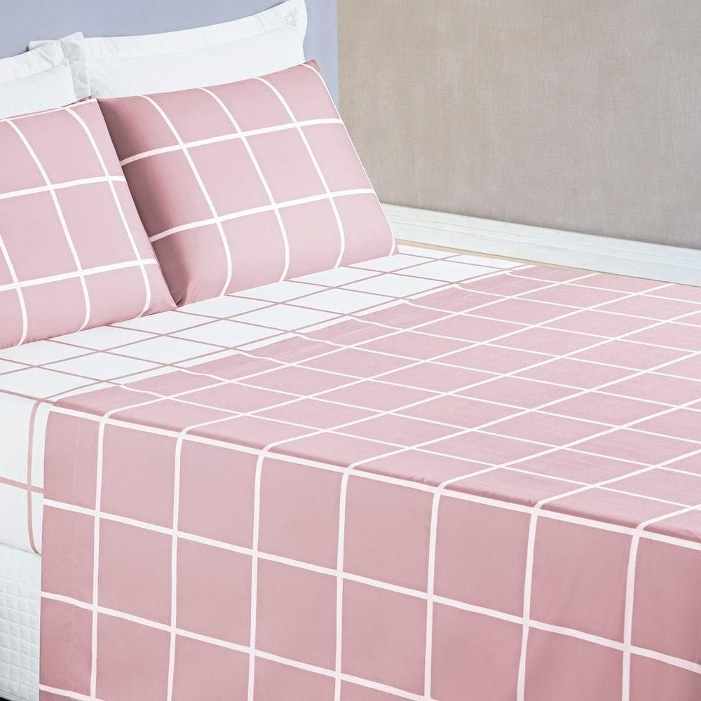 Jogo De Cama Com Lençol De Cima 200 Fios Austin Casal 04 Peças Rosa