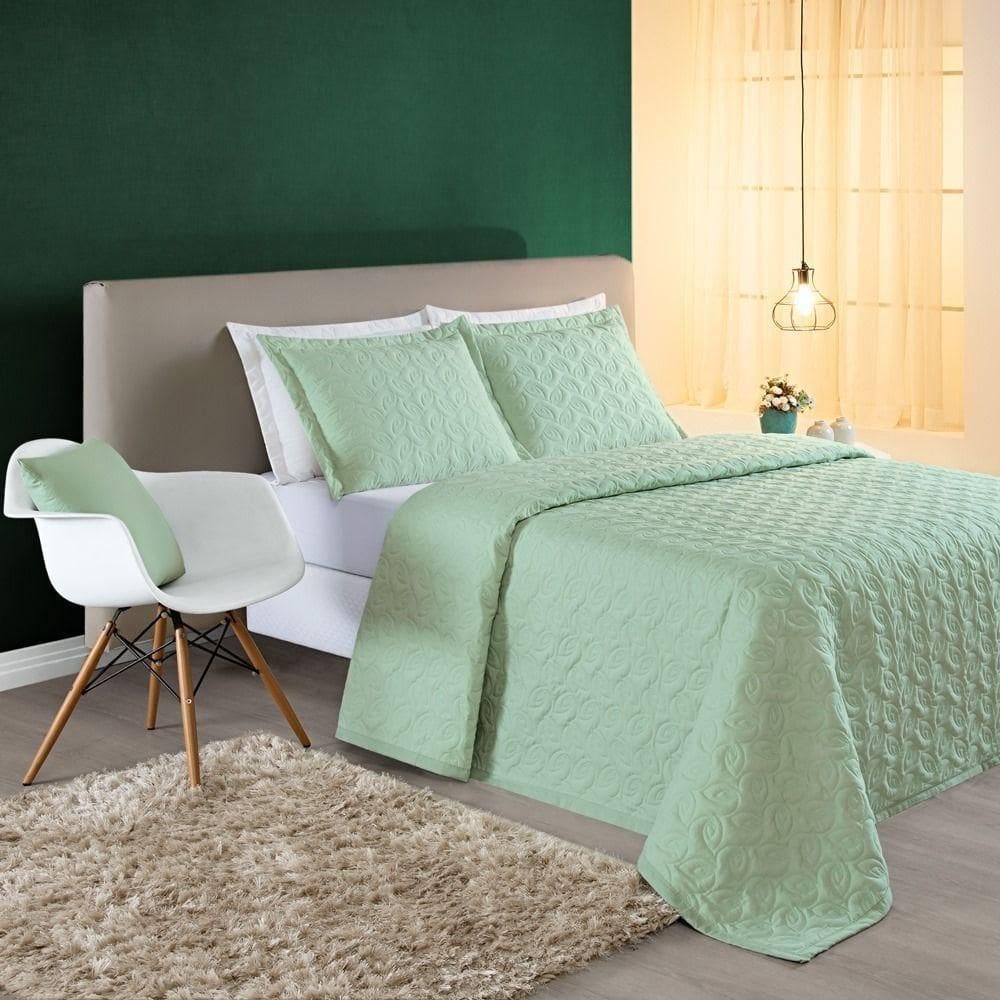 Cobre Leito 200 Fios Bordado ágata King 03 Peças - Verde