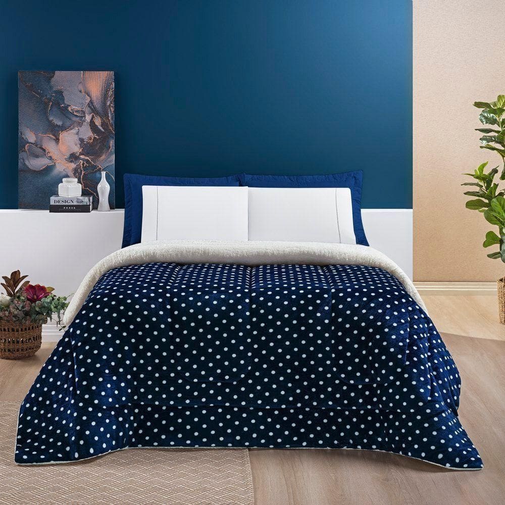 Coberdrom Estampado Sherpa E Flannel Petit Poá Queen 01 Peça Manta Alta 150g - Marinho