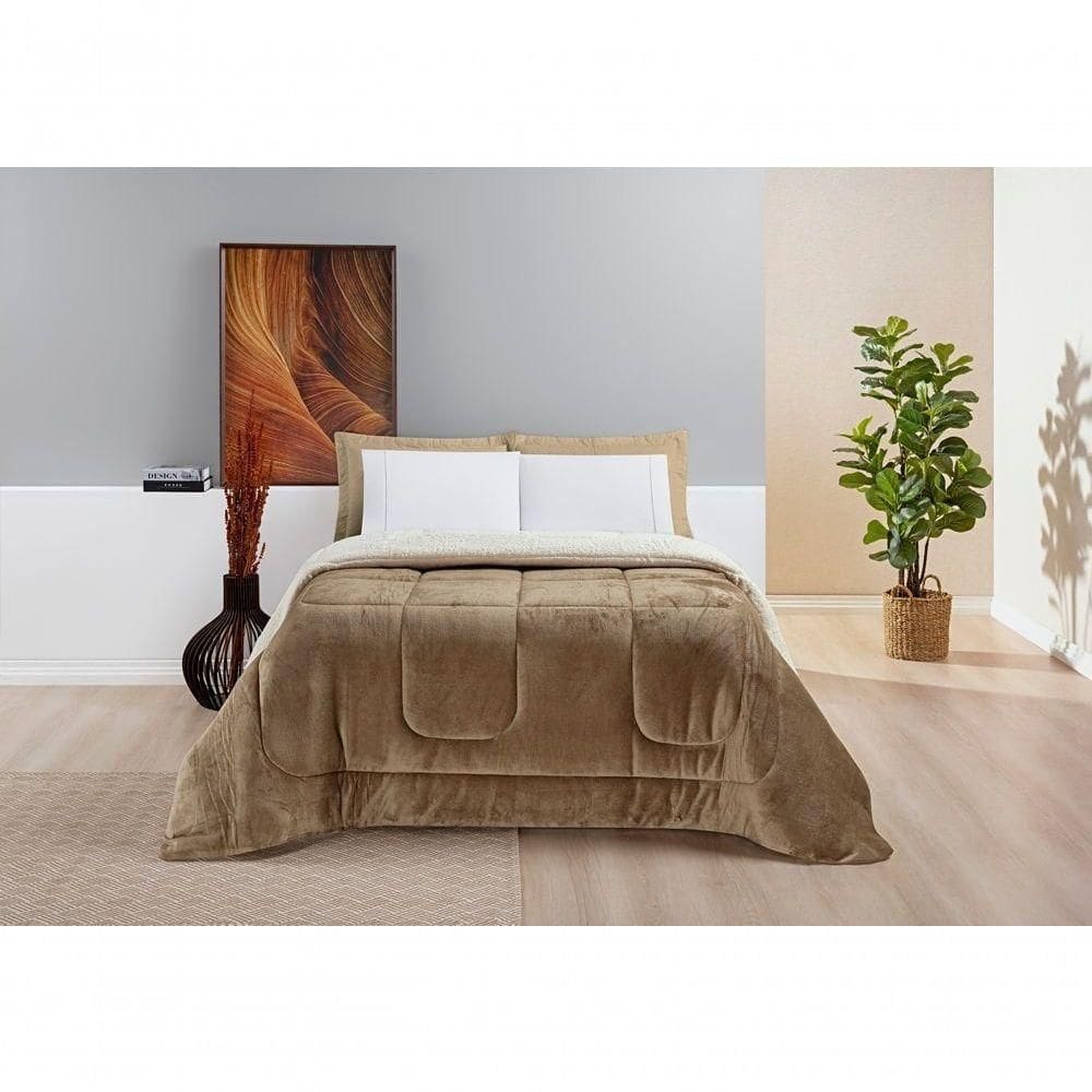 Coberdrom Sherpa E Flannel Everest Solteiro Manta Alta 150g 01 Peça - Caqui