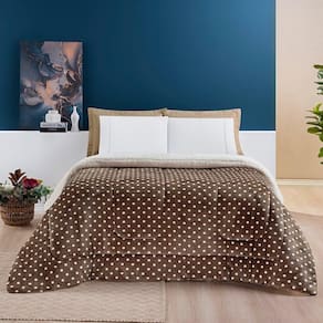 Coberdrom Estampado Sherpa E Flannel Petit Poá Solteiro 01 Peça Manta Alta 150g - Caqui