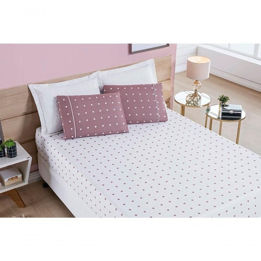 Jogo De Cama Lençol 200 Fios Petit Poá Solteiro 02 Peças - Rose