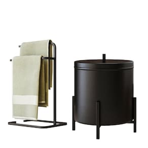 Kit Porta Toalha Duplo E Lixeira Para Banheiro Level Preto