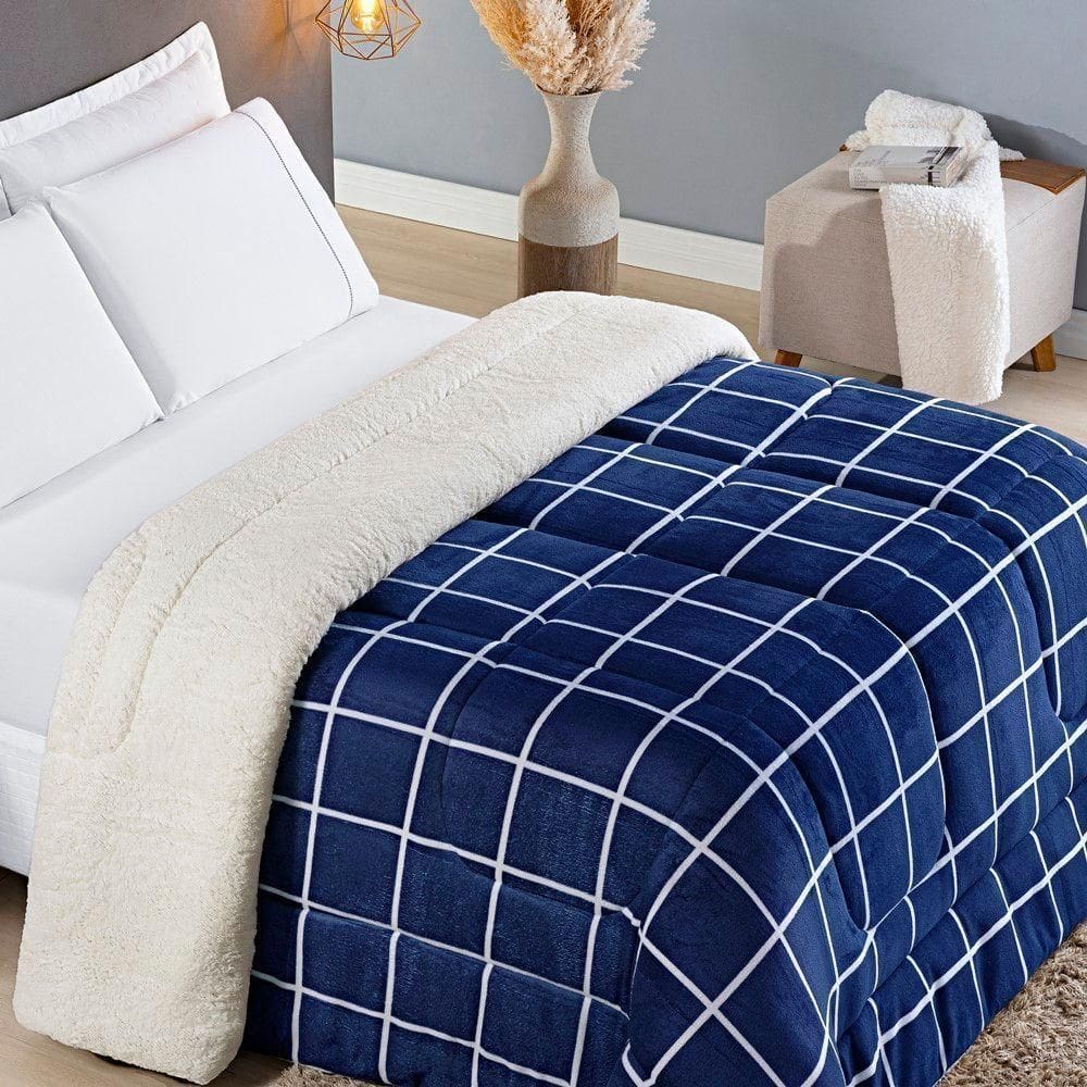 Coberdrom Sherpa E Flannel Austin Queen Manta 100g 01 Peça - Marinho