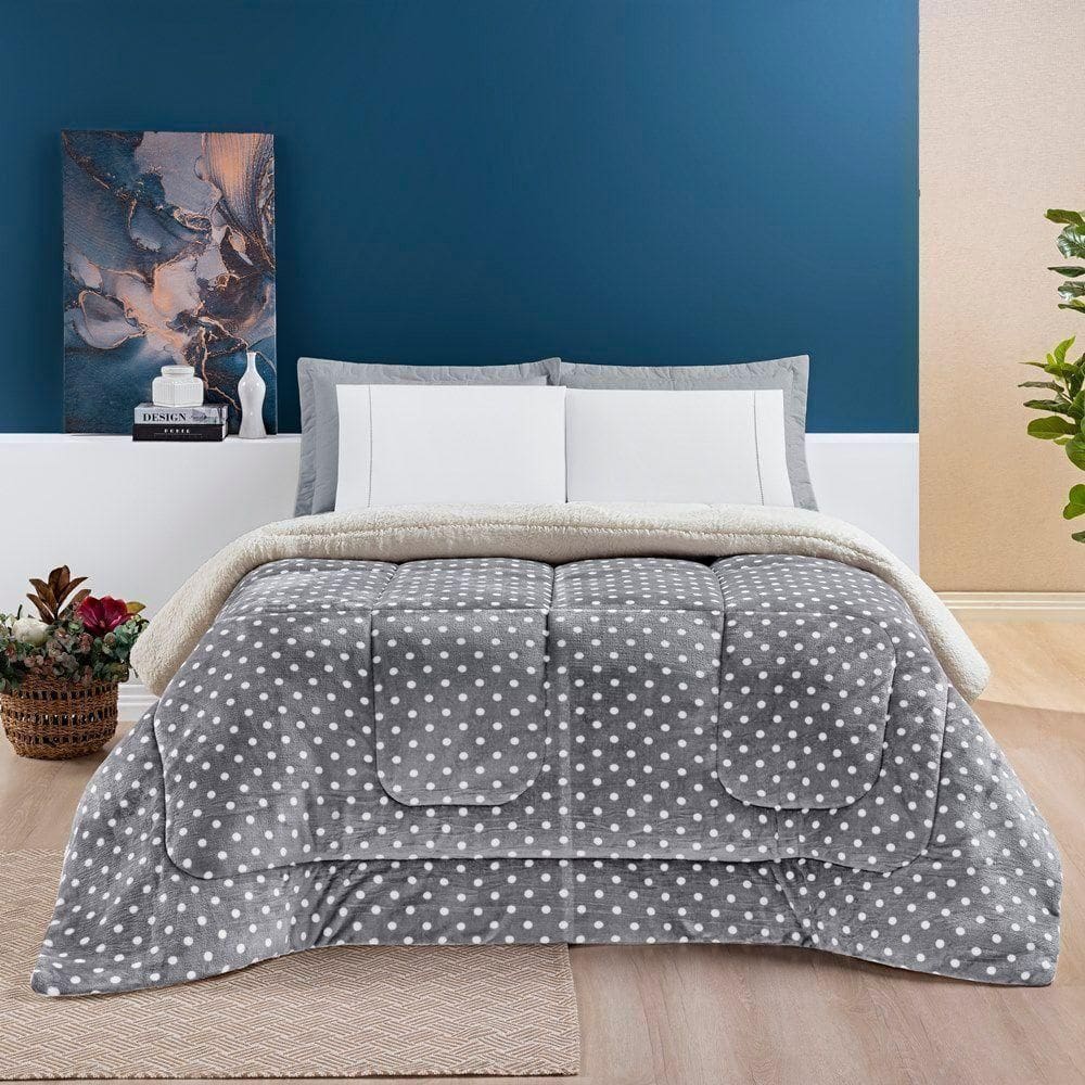 Coberdrom Estampado Sherpa E Flannel Petit Poá Solteiro 01 Peça Manta Alta 150g - Cinza