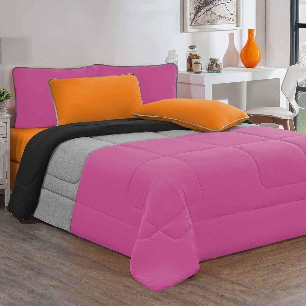 Kit Edredom + Jogo De Lençol Malha 100% Algodão Urbano 7 Peças Queen - Pink-mescla-laranja