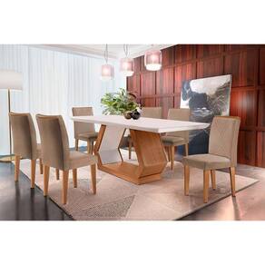 Sala de Jantar Completa Alvorada c/ Tampo Madeirado Canto Reto 180x90cm e 6 Cadeiras Amsterdã Imbuia/Off White - Suede Capuccino - Rufato