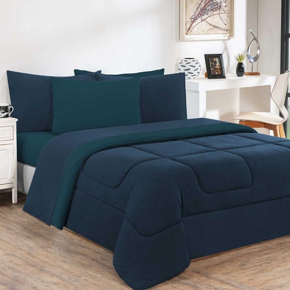 Kit Edredom + Jogo De Lençol Malha 100% Algodão Gran Moratta 6 Peças King Azul Marinho-azul Petróleo