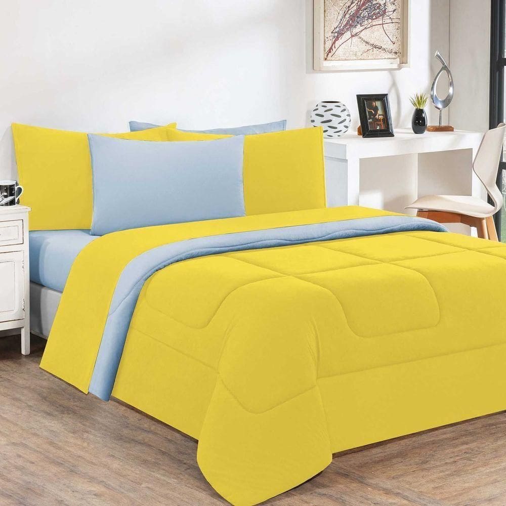 Kit Edredom + Jogo De Lençol Malha 100% Algodão Gran Moratta 6 Peças King - Amarelo-azul Bebê