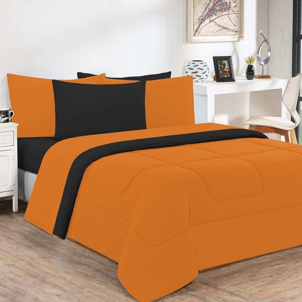 Kit Edredom + Jogo De Lençol Malha 100% Algodão Gran Moratta 7 Peças King - Laranja -preto
