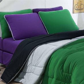 Kit Edredom + Jogo De Lençol Malha 100% Algodão Urbano 4 Peças Solteiro - Verde Bandeira-mescla-roxo