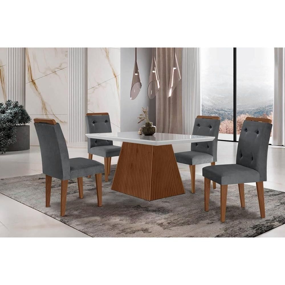 Sala de Jantar Completa Luna c/ Tampo Madeirado c/ Vidro Canto Curvo 120x80cm e 4 cadeiras Imperatriz Imbuia/Off White - Suede Grafite - Rufato
