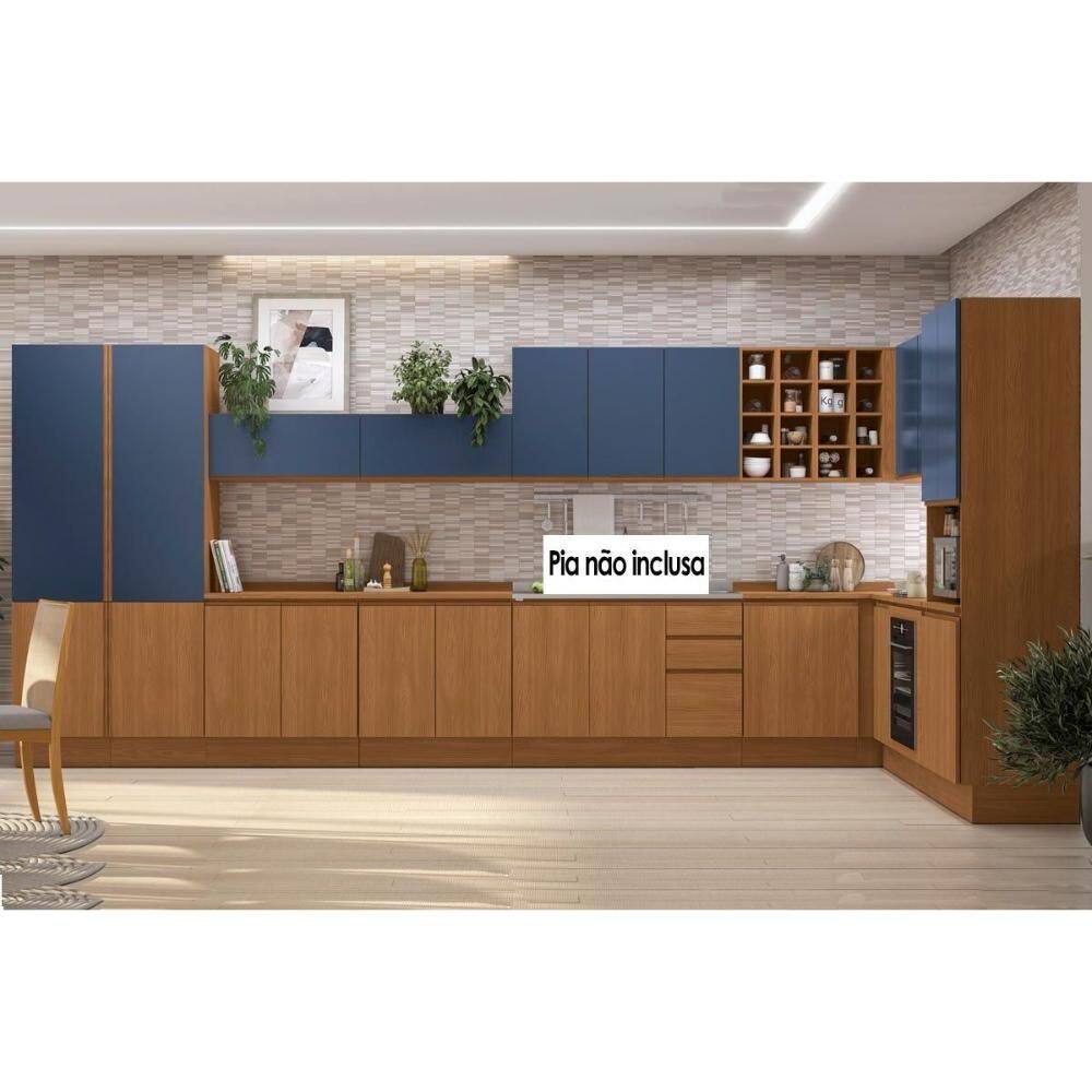 Cozinha Completa Ciela 22 Peças (5Aéreos+6Balcões+3Paneleiros+8Complementos) C22P82 Canela/Azul Profundo - Kappesberg