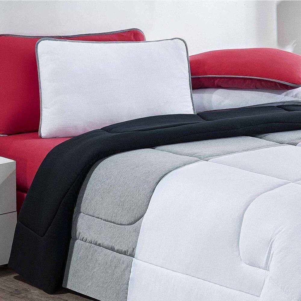 Kit Edredom + Jogo De Lençol Malha 100% Algodão Urbano 6 Peças Queen - Branco-mescla-vermelho
