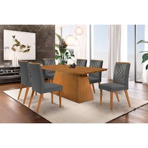 Sala de Jantar Completa Luna c/ Tampo Madeirado Canto Curvo 180x90cm e 6 cadeiras Jade Imbuia-Capuccino/Suede Grafite - Rufato