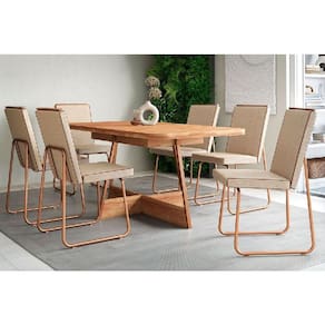Sala de Jantar Completa Átria 1592 Aço c/ Tampo Madeirado 160x90cm e 6 Cadeiras Lira Rose/Freijo/Nogal - Rose/Areia - Caramelo - Carraro