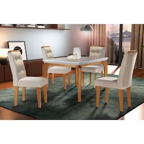 Sala de Jantar Completa Londrina c/ Tampo Madeirado Vidro Canto Curvo 120x80cm e 4 cadeiras Imperatriz Imbuia/Off White - Suede Creme - Rufato