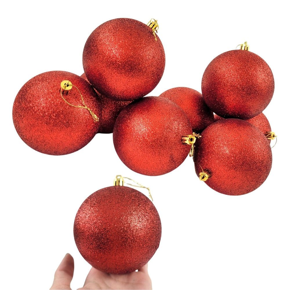 Kit 8 Bola De Natal Vermelha Glitter 10Cm Para Árvore
