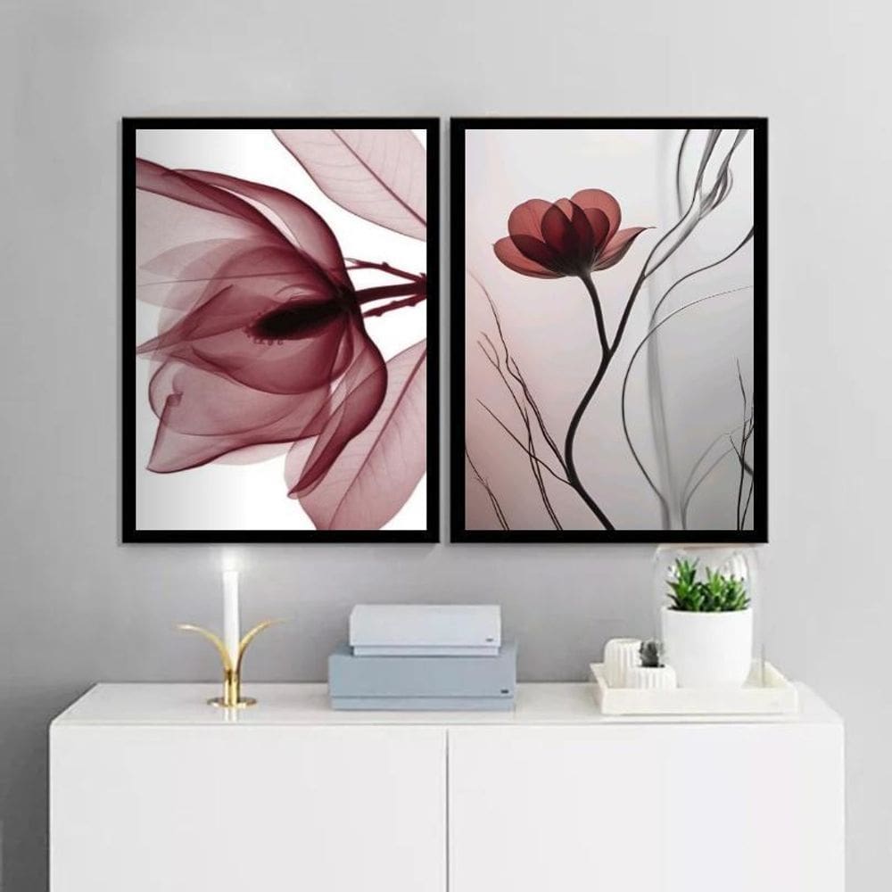 Kit 2 Quadros Modernos Florais Cinza E Bordô 45X34Cm - Vidro